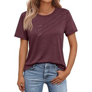 Womans T-shirt Short Sleeve Casual Summer Crewneck Button Detail Large Wine Red